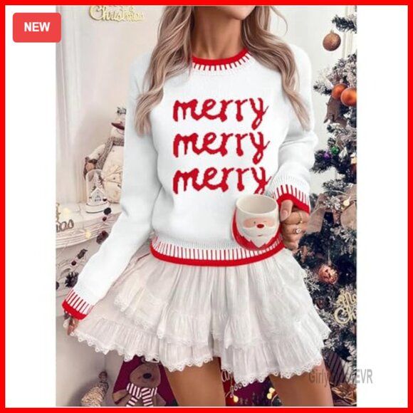 Merry Christmas Sweater Women's Knitted Pullover Holiday Party Top - Picture 3 of 7